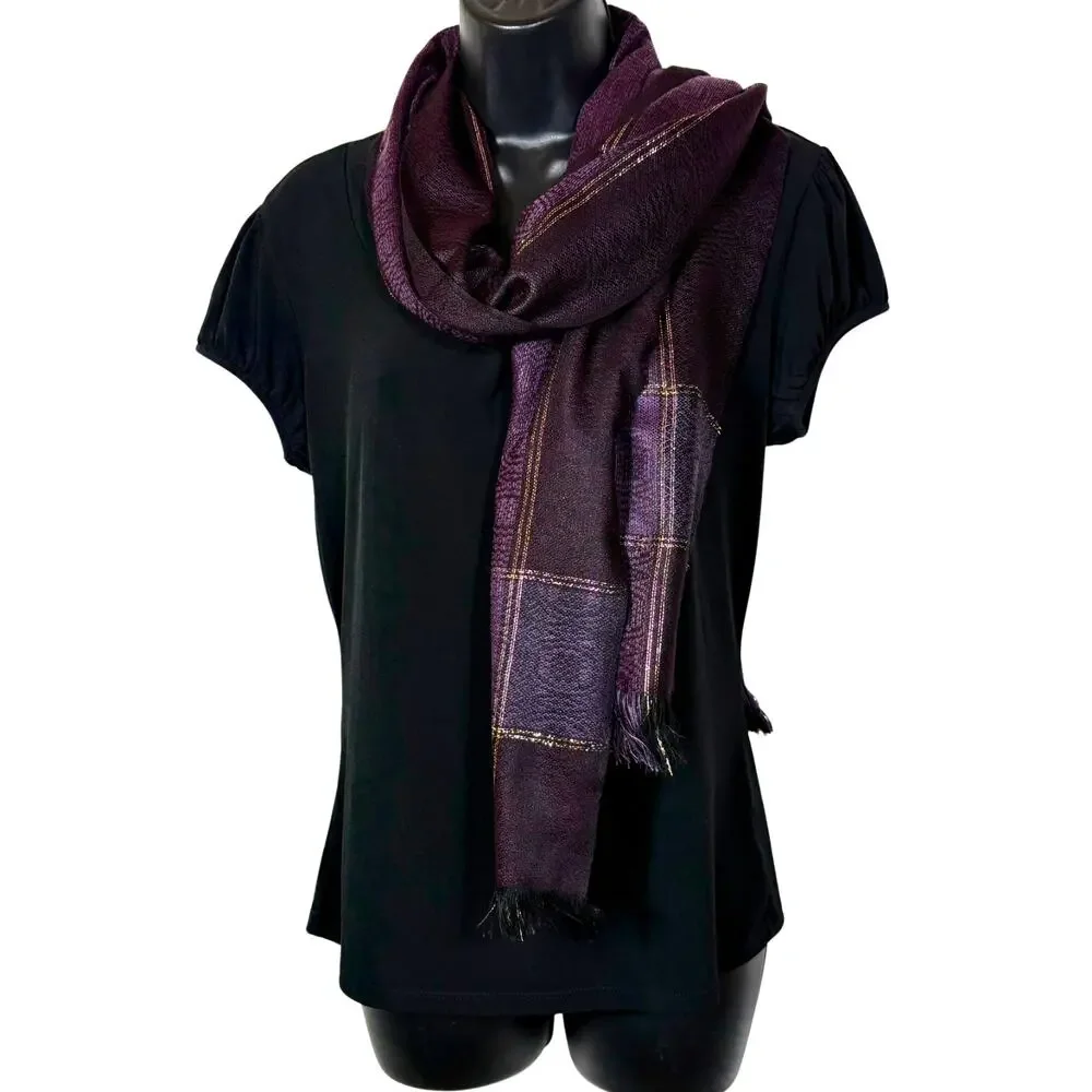 Purple Gold Woven Scarf Vintage Rectangle Scarf with Fringe Metallic 66 inch